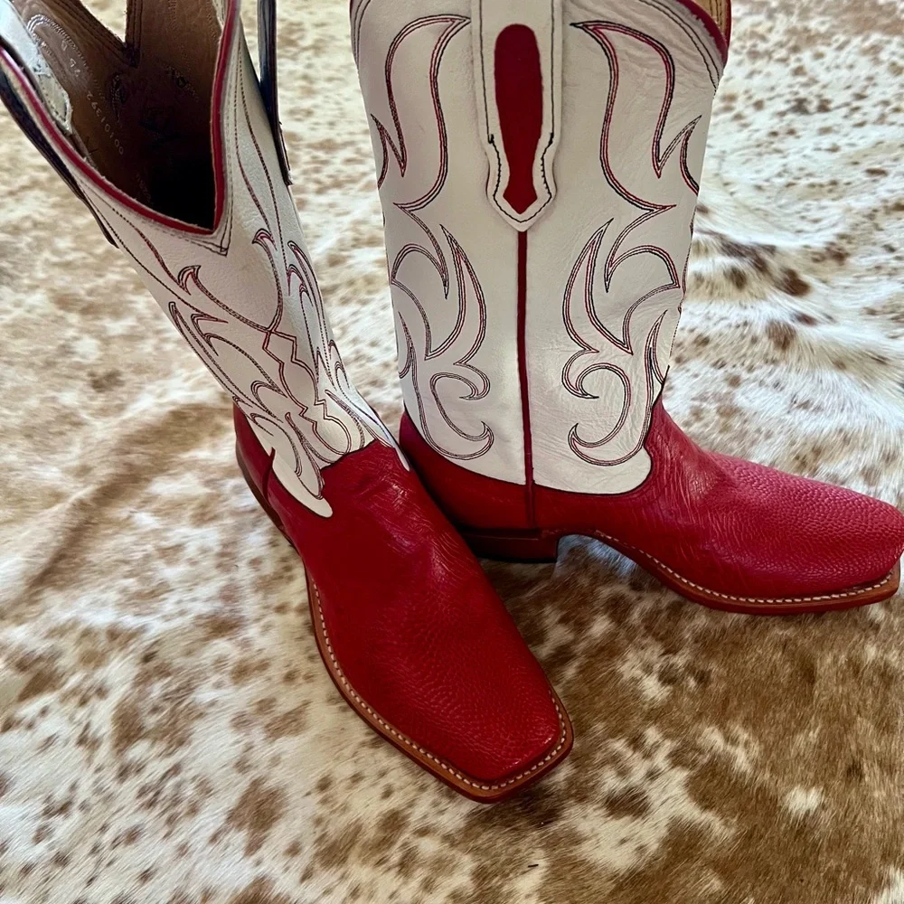 Red and Cream Smooth Ostrich Boots 7.5 B - Picture 4 of 6